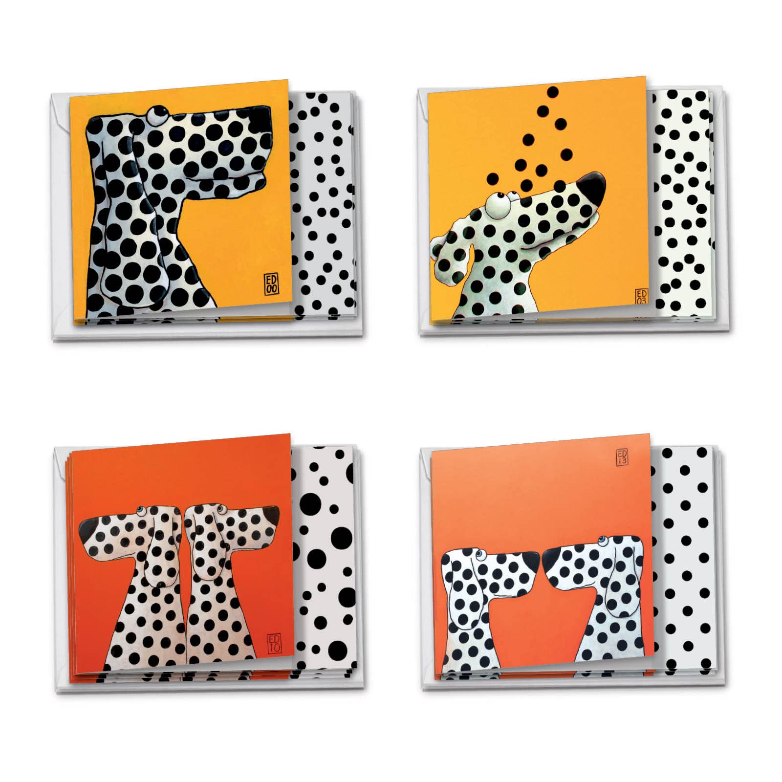 MQ4976OCB-B3x4 See Spot: 10 Assorted Blank Note Cards Featuring Imaginative Images of Spotted Dogs Loving Life, with Envelopes.