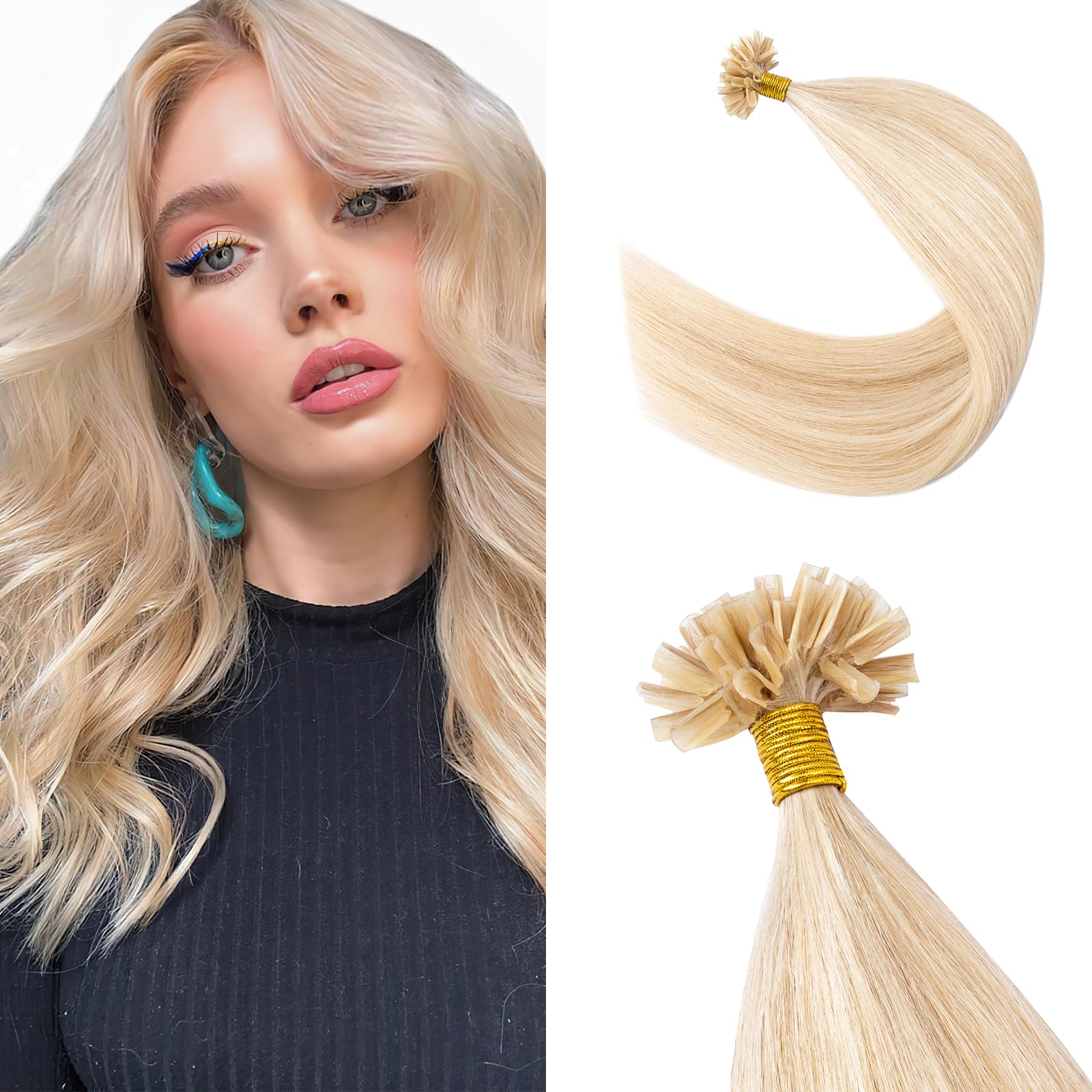Silk-co U Tip Pre Bonded Hair Extensions Strands Keratin Nail Tip Straight Human Hair Extensions U tip Real Remy Hair 50 Strands Keratin Nail Til 24"-50g #18P613 Ash Blonde&Bleach Blonde