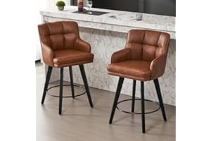 SAECKBERG 360°Swivel Counter Height Bar Stools with Back, 26 inch Solid Wood Legs, Bar Stool Modern Kitchen Island Chairs, Faux Leather (Brown- Faux Leather, 26" H- Set of 2)