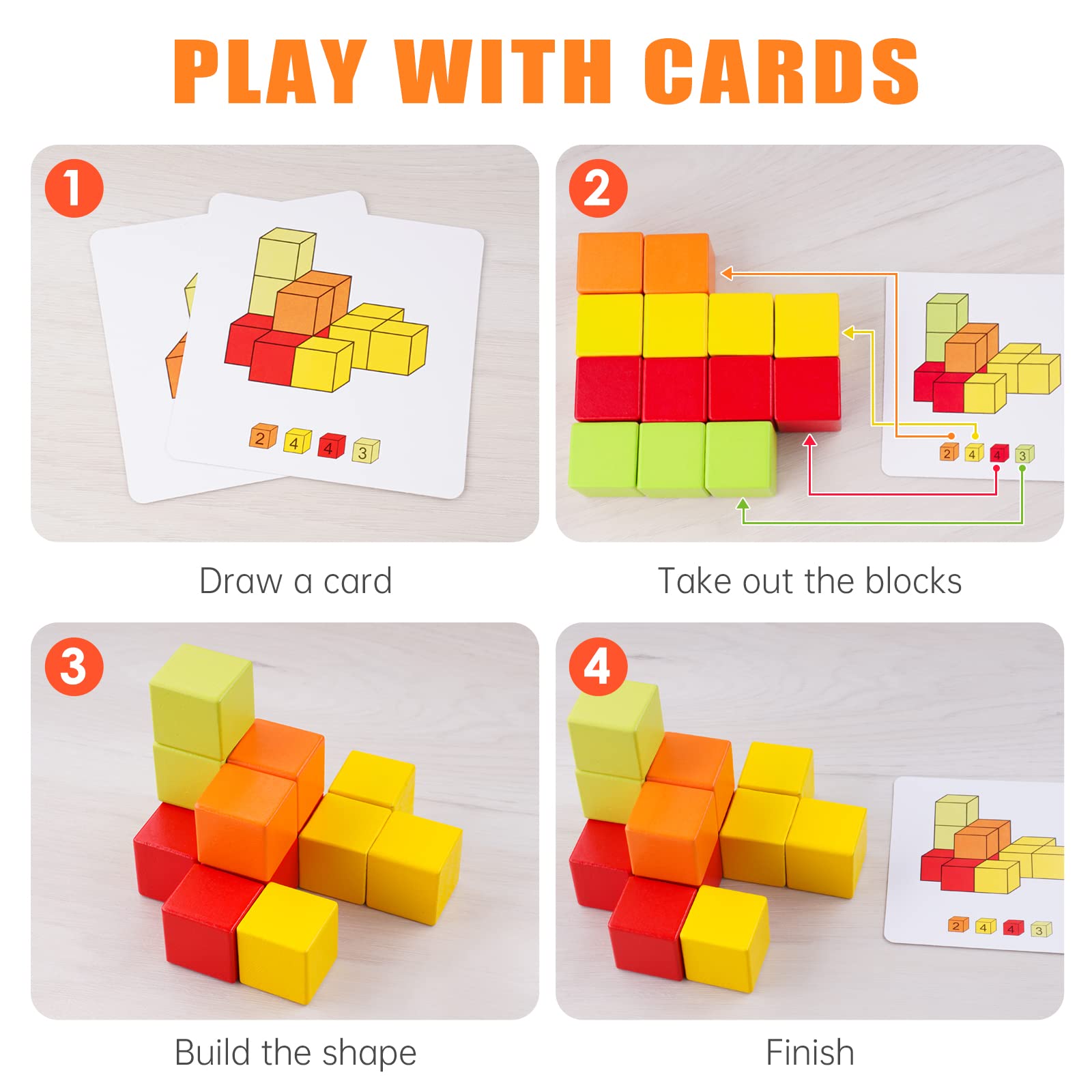 NiToy Wooden Cube Toy 16PCS Building Blocks for Kids 40 Pattern Cards and Storage Pouch, 4 Colors 3D Space Stacking Game STEM Educational Preschool Learning Sensory Toy Counting Math Color Cognition