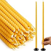 16 Pack 15-Inch Slim Beeswax Taper Candles( 1/2 Inch ) with 2 Holders - Natural Drippless Spiral Thin Church Candle 0.5 inch Diameter, Yellow