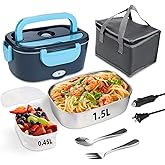 SOHIDA Electric Lunch Box, 12V/24V/110V Portable Food Warmer with SS Fork & Spoon for Car/Truck/Office, 80W Self Heating Lunch Box with 1.5L 304 Stainless Steel Container & 0.45L PP Fruit Box Sky Blue