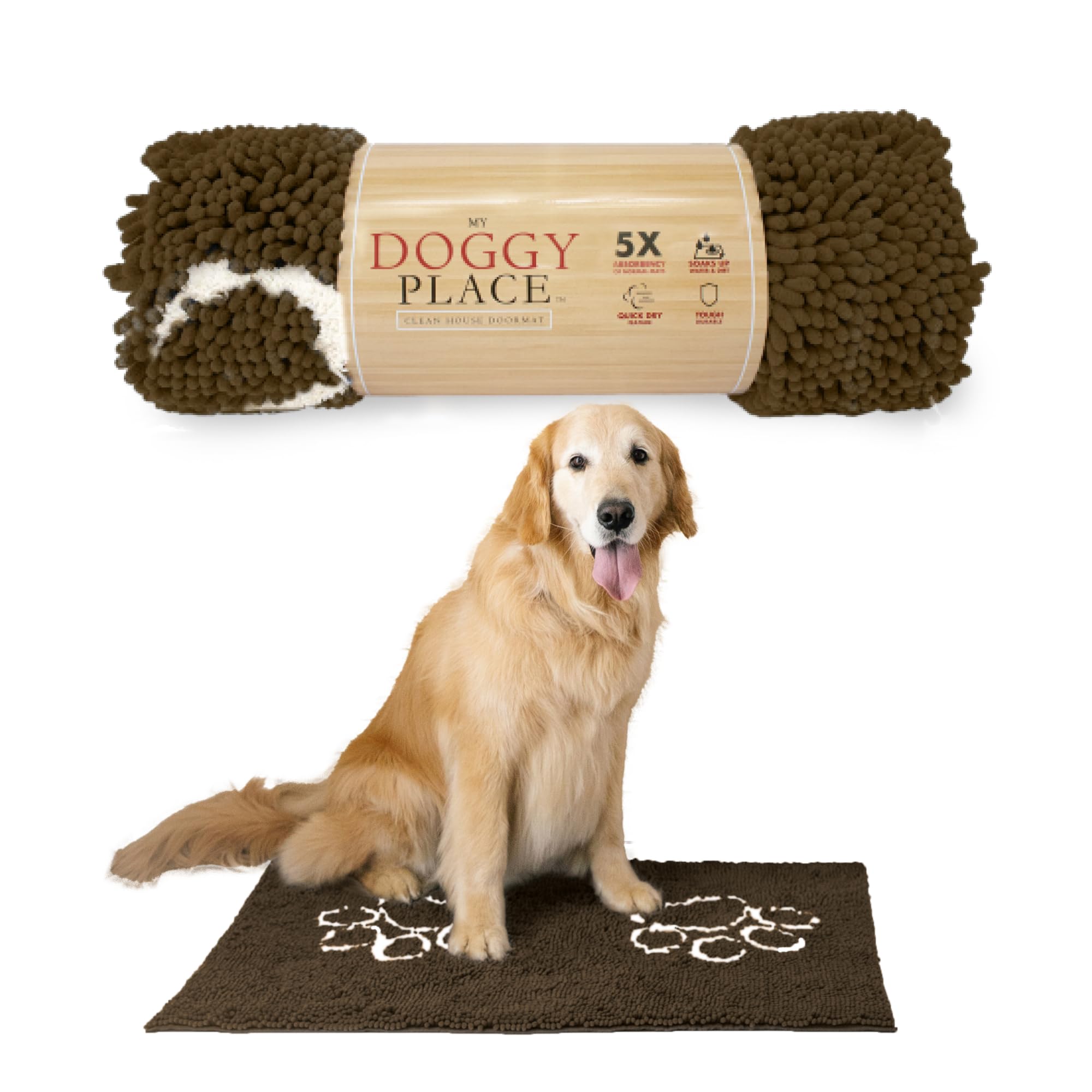 My Doggy Place Ultra Absorbent Microfiber Dog Door Mat Large (36" x 26") Brown w/Paw Print