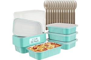 LNYZQUS 30 Pack 1.5lb Aluminum Foil Baking Pans with Lids and Spoons, Individual Small Cake Tins Takeout Containers,7”x5” Heavy Duty Leftover Containers Holders for Home Business-Blue