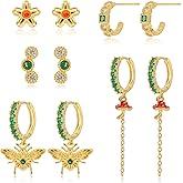 Gold Earrings Set for Women 14K Gold Plated Cubic Zirconia Love Heart Bowknot Clover Fruit Flower Insect Ocean Cross Huggie Hoop Earrings Stud Earrings Set for Multiple Piercing Party Jewelry Gifts