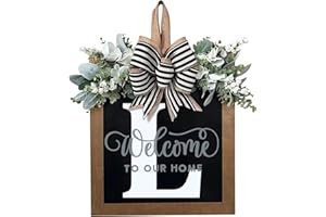 YICORIP 2024 New Last Name Year Round Front Door Wreath Front Porch Decoration 26 Letter Welcome Sign with Eucalyptus Garland and Bow Spring Wreaths for Front Door Outside Hanger Garland (L)