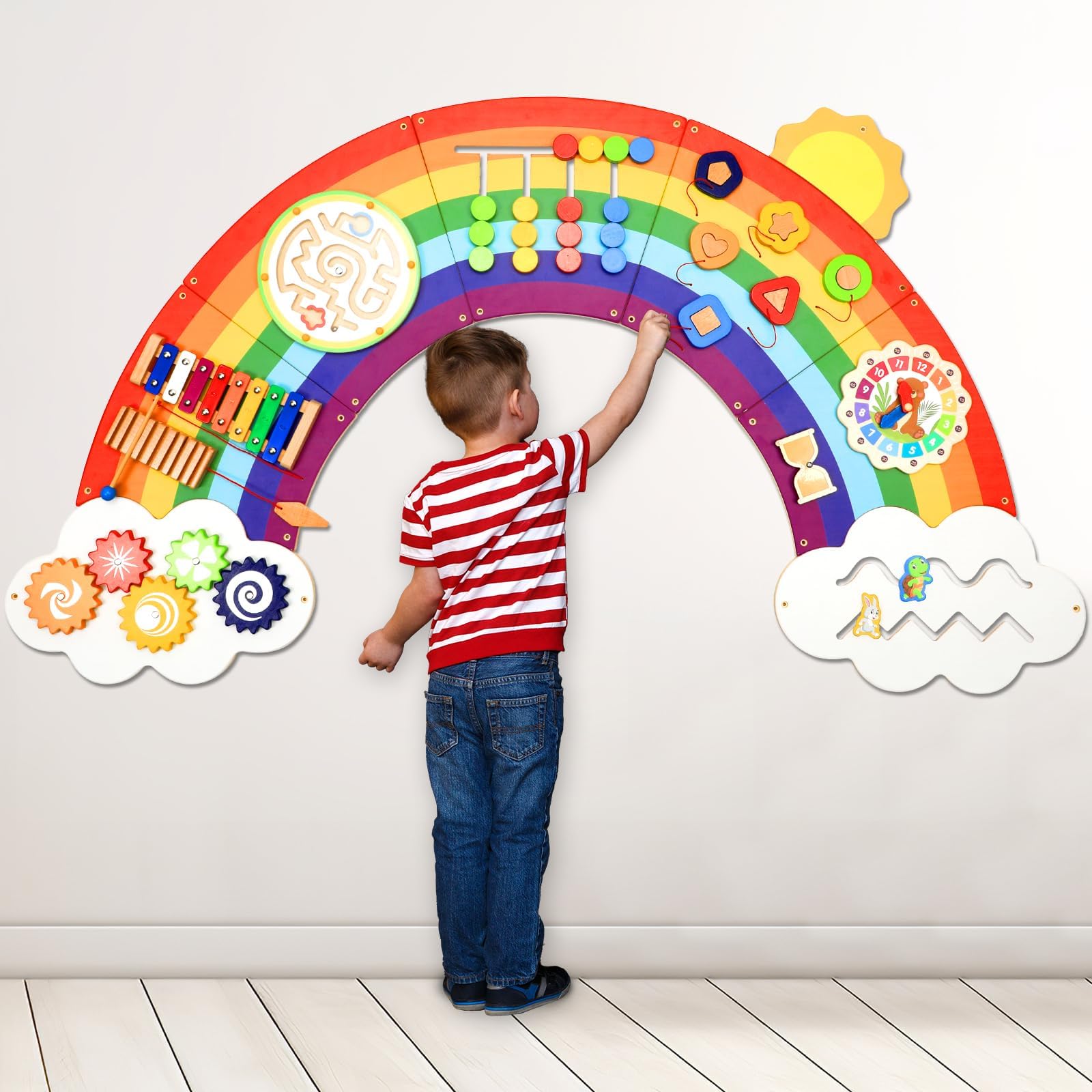 Photo 1 of 5FT Large Sunshine Rainbow Wooden Activity Wall Panel Christmas Gift Educational Montessori Toy for Toddler Kids Interactive Sensory Activity Busy Board Daycare Learning Center Toddler Room Decor