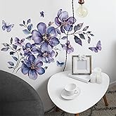 sacinora Violet Purple Butterfly Flower Wall Stickers, Daisy Peony Floral Art Wall Decals Removable Vinyl Peel and Stick Bedroom Bathroom Living Room Kitchen Office Home Decorations