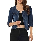 Allegra K Denim Jacket for Women's Collarless 2025 Cardigan 3/4 Sleeve Crop Jean Jackets