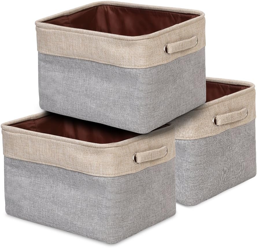ANNSY Fabric Bins Storage Basket Collapsible Organizer Bin 3-Pack Foldable Grey/ Brown Storage Cube with Handles for Home and Office