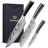 Sunnecko Damascus Knives Set,Japanese VG10 Core Steel Damascus 3PCS Chef Knife Set,Professional Razor Sharp Kitchen Knives Set with Knife Sharpner