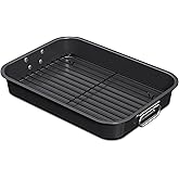 CHEFMADE Roasting Pan with Rack, 15 Inch Deep Roasting Pan, Deep Lasagna Pan for BBQ Vegetbale and Meat 15.4" x 11.2" x 2.3" (Black)