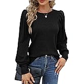HOTOUCH Women's Knit Blouse Soft Puff Long Sleeve Shirt Tops Lightweight Round Neck Pullover Sweater S-XXL