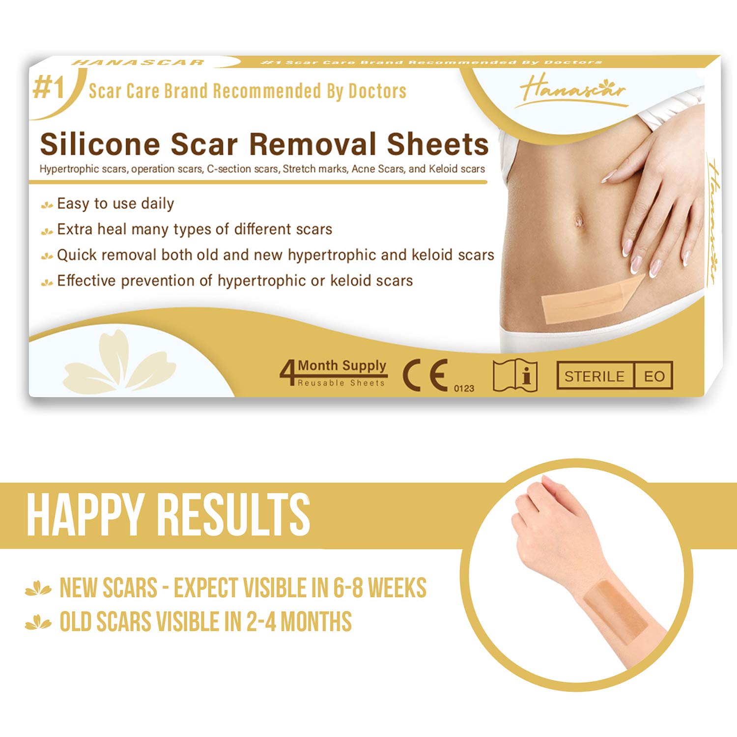 HANASCAR Professional Silicone Scar Removal Sheets, Treat Scars Caused by C-Section, Surgery, Burn, Injuries, Acne, and Stretch Marks, Works on Old & New Scars, 5.7"×1.57”, 4 Reusable Sheets : Beauty