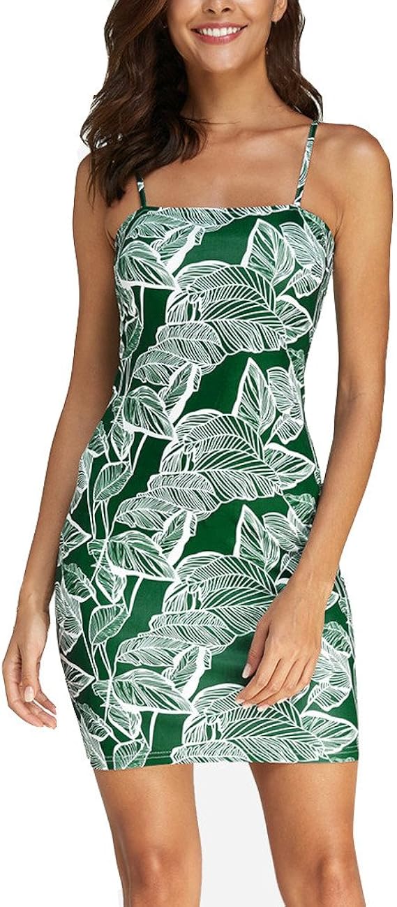 Amazon Wangolk クルーネックスリング 花柄 ひざ丈 プリント タイト ワンピース カップ付き ノースリーブ ドレス レディース リーフ印刷 着痩せ ワンピース 春秋冬 長袖 無地 膝上丈 ゆったり チュニック 結婚式 お出かけ 普段着 ワンピース チュニック 通販