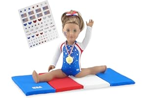 Emily Rose 18 Inch Doll Gymnastics Outfit 5-Piece Gymnast Playset | Bejeweled Leotard, Hair Bow, Tumbling Mat, Gold Medal & Face Stickers | USA Brand, Premium Quality 18” Doll Clothes & Accessories