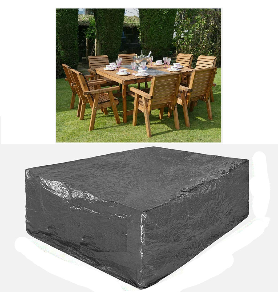 HEAVY DUTY WATERPROOF GARDEN FURNITURE COVER IN DARK GREY FOR PATIO RATTAN 6-8 SEATER TABLE SET