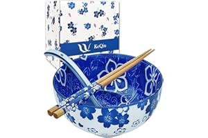 Japanese 28 Oz Ceramic Ramen Noodle Soup Cereal Pho Rice Salad Bowl Set with Chopsticks and Spoons, Premium Gift Set for Hous