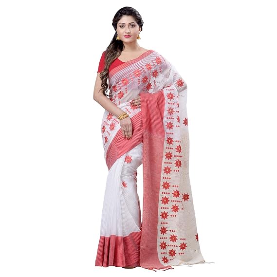 Women`s Bengali Tant Traditional Khadi Pure Cotton Handloom Saree Star Design With Blouse Piece (Red White)