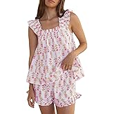 Villagepageme Women Floral Print Pajama Sets 2 Piece Lounge Set Ruffle Trim Sleeveless Top and Shorts Pjs Sleepwear