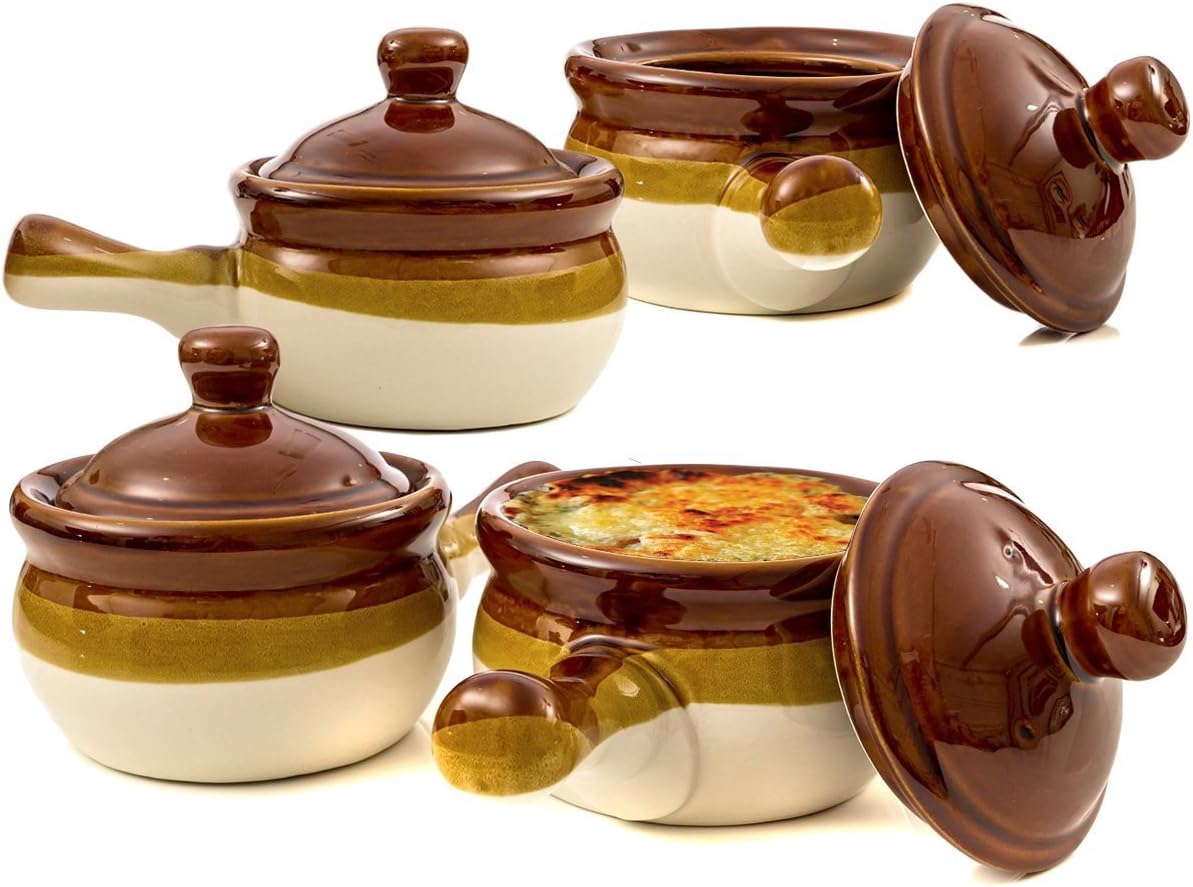 French Onion Soup Bowls, Brown Ceramic Crocks with Lids and Handles, Set of 4
