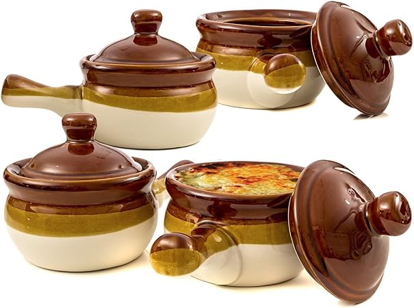 French Onion Soup Bowls Brown Ceramic Crocks With Lids And Handles Set Of 4 Amazon Co Uk Kitchen Home