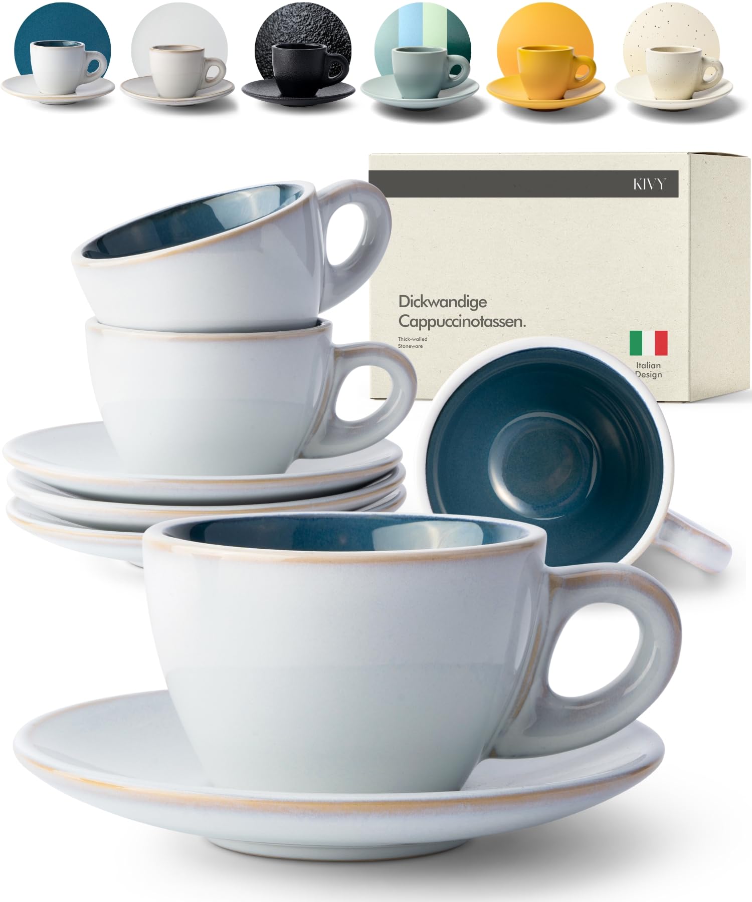 KIVY Cappuccino Tassen Dickwandig [4 x 240ml] - Handgefertigte Steingut Tasse - Kaffeetassen mit Untertassen - Cappuccinotassen Grau Blau- Milchkaffee Tassen Groß - Cappuccino Tasse mit Untertasse