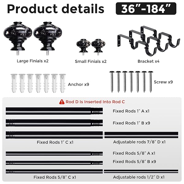 WOLISTSA BLACK DOUBLE CURTAIN ROD 36-184 INCH DECORATIVE CRYSTAL DUAL RODS