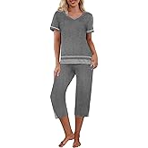Ekouaer Capri Pajama Sets for Women Short Sleeve Tops Sleepwear Sleep Sets Pjs Sets Soft Two Piece Loungewear Sets