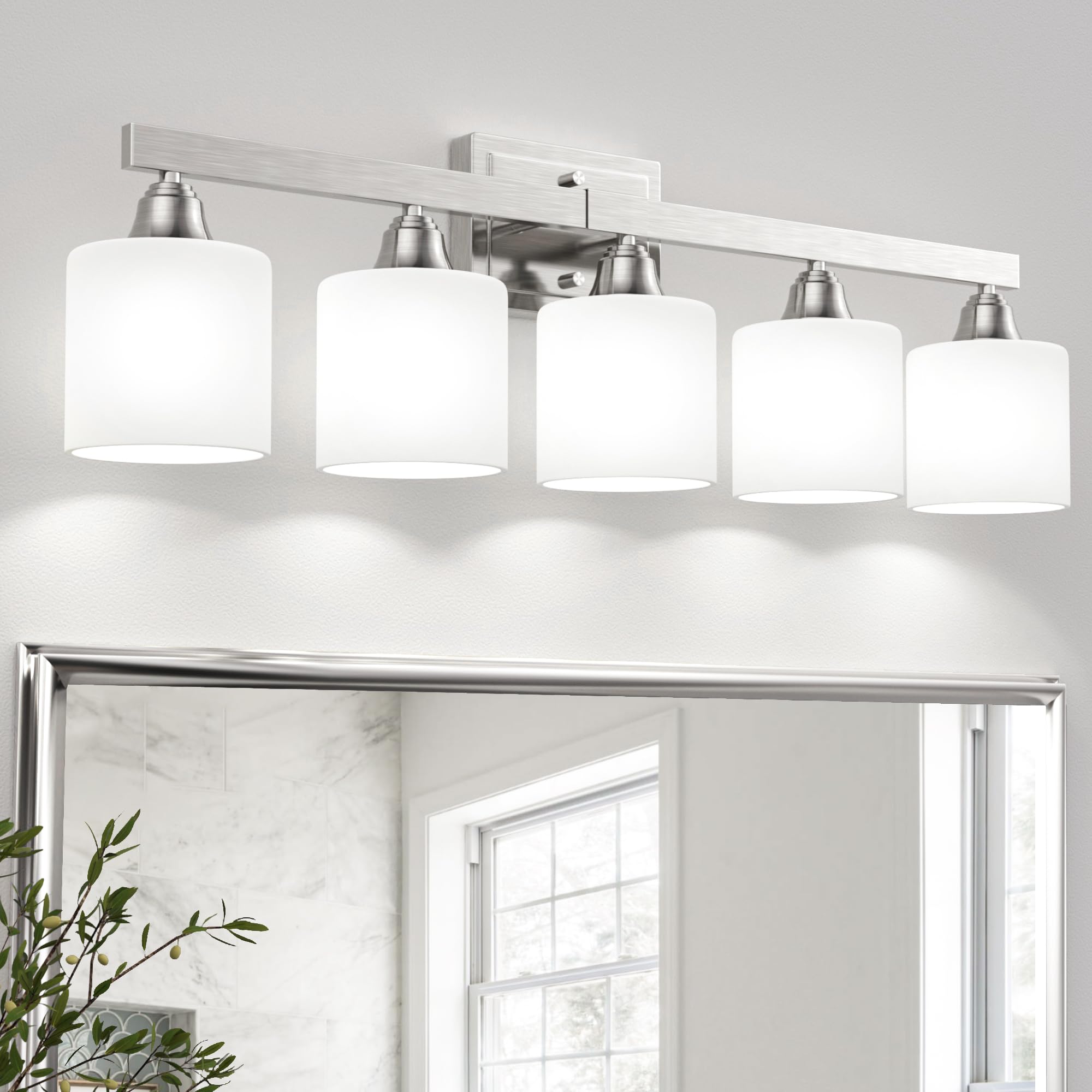 Photo 1 of VOLISUN Brushed Nickel Bathroom Light Fixtures, 5-Light Bathroom Vanity Lights Over Mirror, Modern Vanity Light for Bathrooms, Bathrooms Lights Fixtures Over Mirror with Milky White Glass Shades