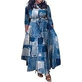 Baczoe Plus Size Dress for Curvy Women Stretch Self Tie A-Line Maxi Dress with Pockets Swing Long Outfit