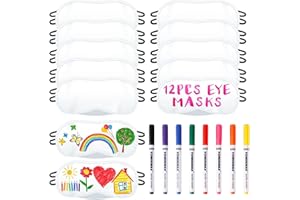 IAXSEE 12 PCS Eye Mask Sleepover Party Supplies Sleep White Soft Shade Blindfold Eye Covering, Color the Bulk Game Stuff with 8 PCS Fabric Marker Pens