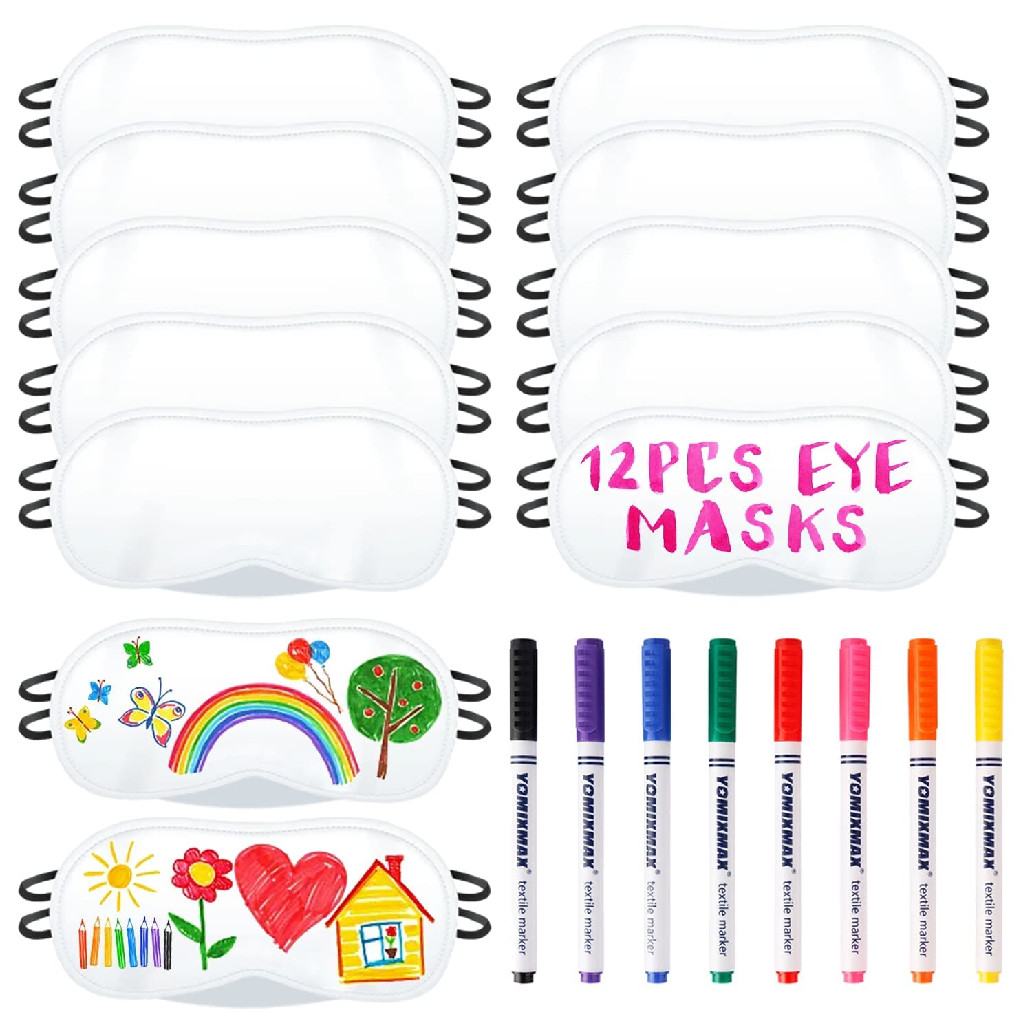 Photo 1 of 12 PCS Eye Mask Sleepover Party Supplies Sleep White Soft Shade Blindfold Eye Covering, Color the Bulk Game Stuff with 8 PCS Fabric Marker Pens