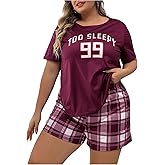 GORGLITTER Women's Plus Size Pajama Set 2 Piece Letter Short Sleeve Shirt Plaid Boxer Shorts Pjs Lounge Sets