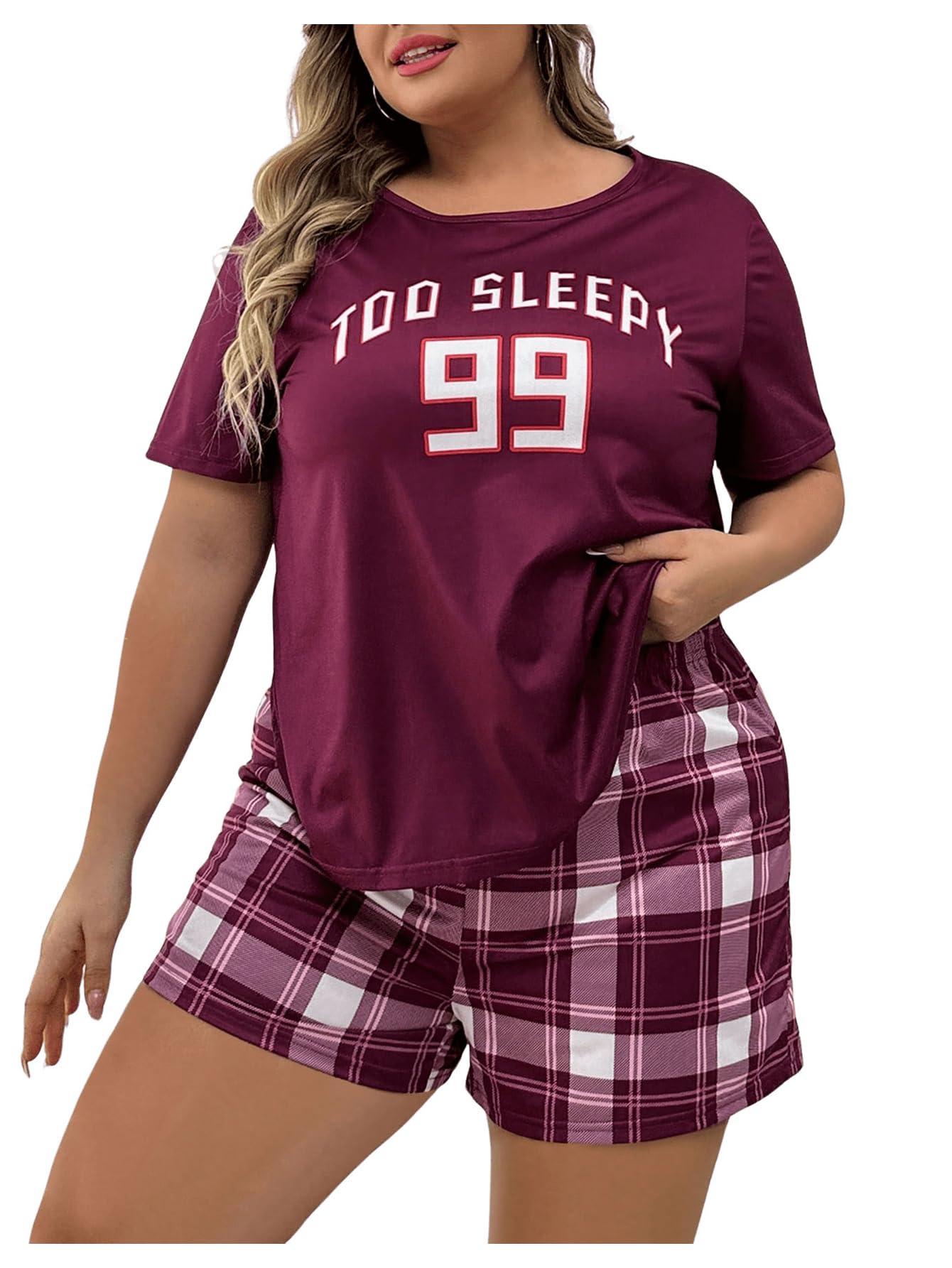 Photo 1 of **NO SHORTS** GORGLITTER Women's Plus Size Pajama Set 2 Piece Letter Short Sleeve Shirt Plaid Boxer Shorts Pjs Lounge Sets Purple 2XL