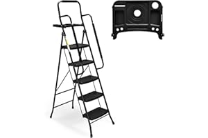 SocTone 5 Step Ladder with Handrails, Folding Step Stool with Tool Platform, Sturdy& Portable Steel Ladder for Adults, 330LBS Capacity Ladder for Home Kitchen Library Office, Black
