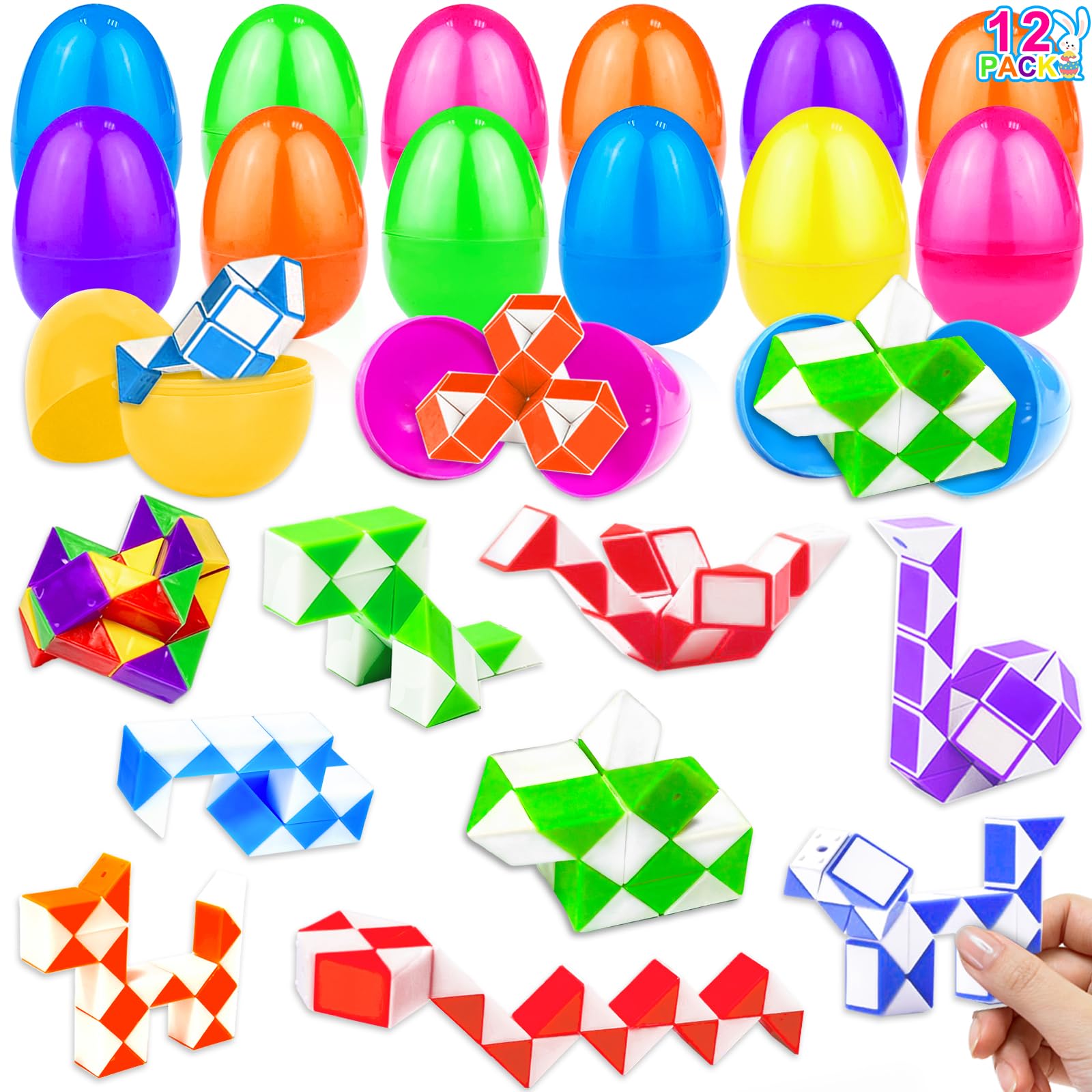 12 Pack Filled Easter Eggs with Snake Cubes Twist Puzzle Toys, Easter Basket Stuffers Fillers Gifts Stress Relief Fidget Toys for Teens Kids Basket Essential Egg Hunt Party Favor Classroom Reward