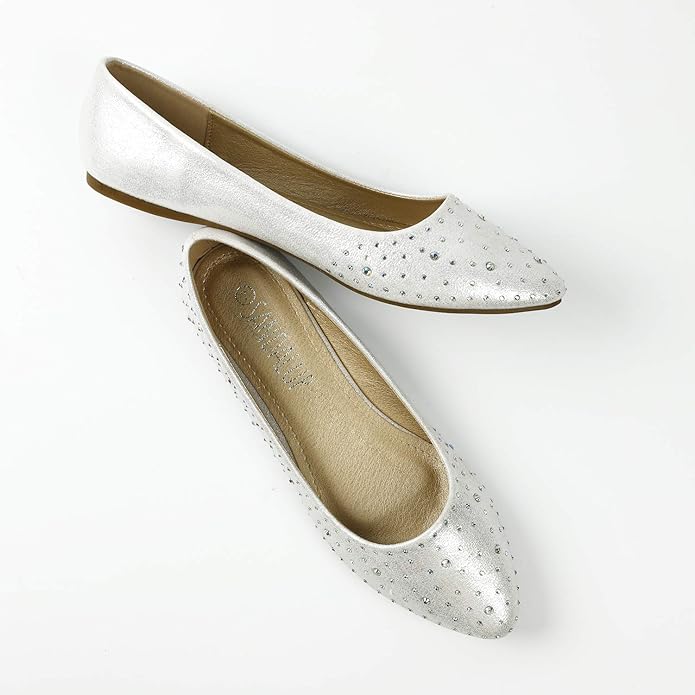 COLOV Sweet Shallow Mouth Rhinestone Pointed Toe Metal Buckle Soft Ballet Flats Shoes