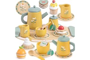 Toyssa Wooden Tea Party Set for Toddlers 3-5 Girls, Pretend Play Food Toys for Kids Kitchen Accessories with Tea Tray, Christmas Birthday Gifts for Girls 3 4 5 6 Educational Toys