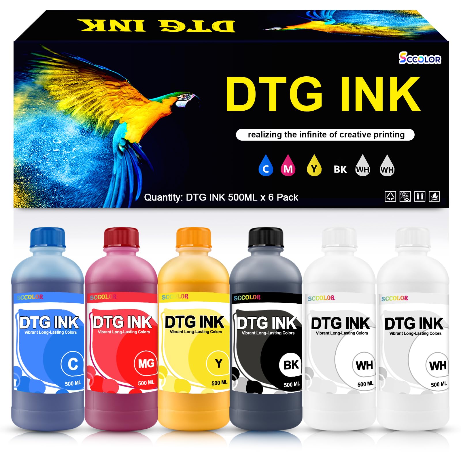 Photo 1 of DTG Ink 500ML Compatible for F2000 F2100 P600 P800 DTG Printers and More printhead DX5 DX6 DTG Printers,Direct to Garment Printing Ink Digital Textile and More Printing Refill.2W+1B+1C+1M+1Y