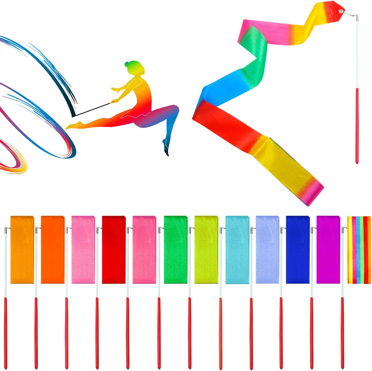 ANECO 24 Pieces Dance Ribbons Streamers Rhythmic Gymnastics Ribbon Wands Artistic Dancing, Baton Twirling, 24 Colors - Image 5