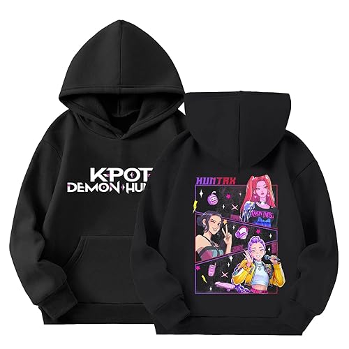 K Pop Demon Hunters Merch Hoodies Girls Boys Vintage Y2k Pullover Fall Winter Huntrix Huntr/X Shirts Hip Hop Streetwear Oversized Long Sleeve Hooded Sweatshirt for Kids 4-14Y A-black