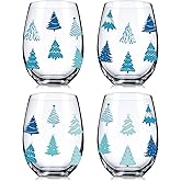 Umigy 4 Pcs Christmas Stemless Wine Glass Winter Leaf and Berry Drink Glasses 17 oz Wine Glass Funny Xmas Birthday Gifts for Women Men Family Friends(Blue,Winter Christmas Tree)