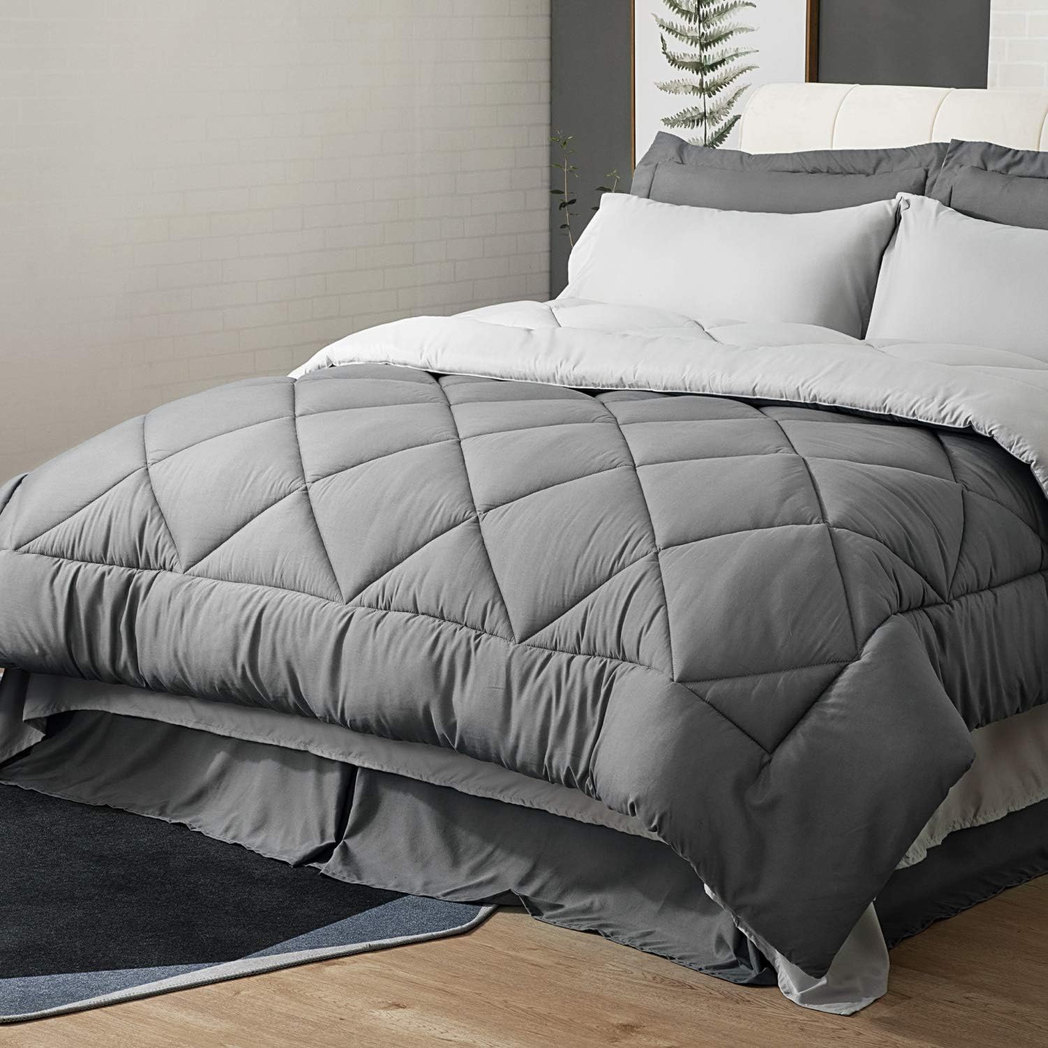 Bedsure Bed in a Bag 8 Pieces Queen Size, Dark Grey/Light Grey - Soft Microfiber, Reversible Bed Comforter Set (1 Comforter, 2 Pillow Shams, 1 Flat Sheet, 1 Fitted Sheet, 1 Bed Skirt, 2 Pillowcases): Home & Kitchen