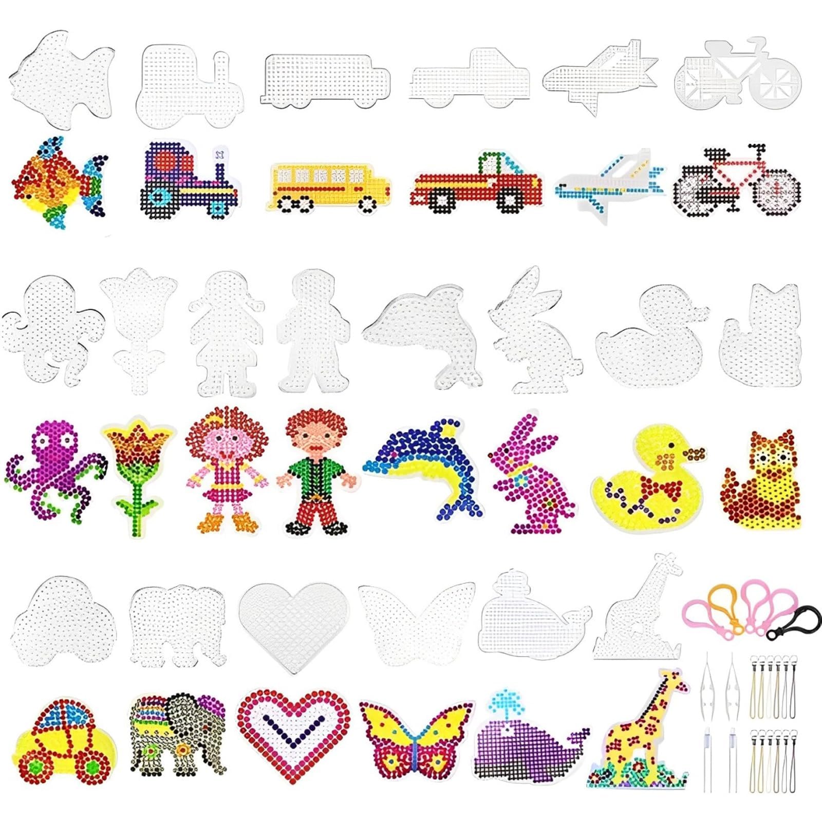 QXCFTW Hama Beads Set, 20pcs Fuse Beads, 5mm Clear Animal Shape Plastic Pegboards, Craft Tray & Chain Accessories for Boys & Girls