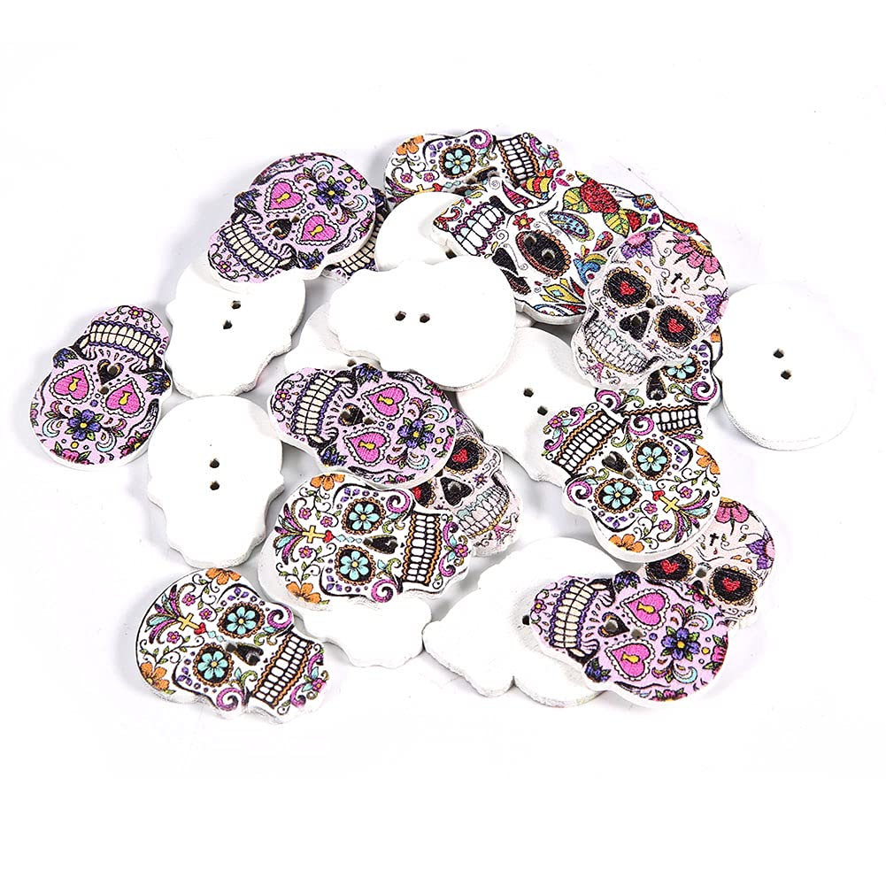 Wooden Buttons, Mixed Color Skull Shaped Decorative 2 Hole Buttons for Sewing Crafting Crafting DIY Projects Clothing Accessories Art Supplies
