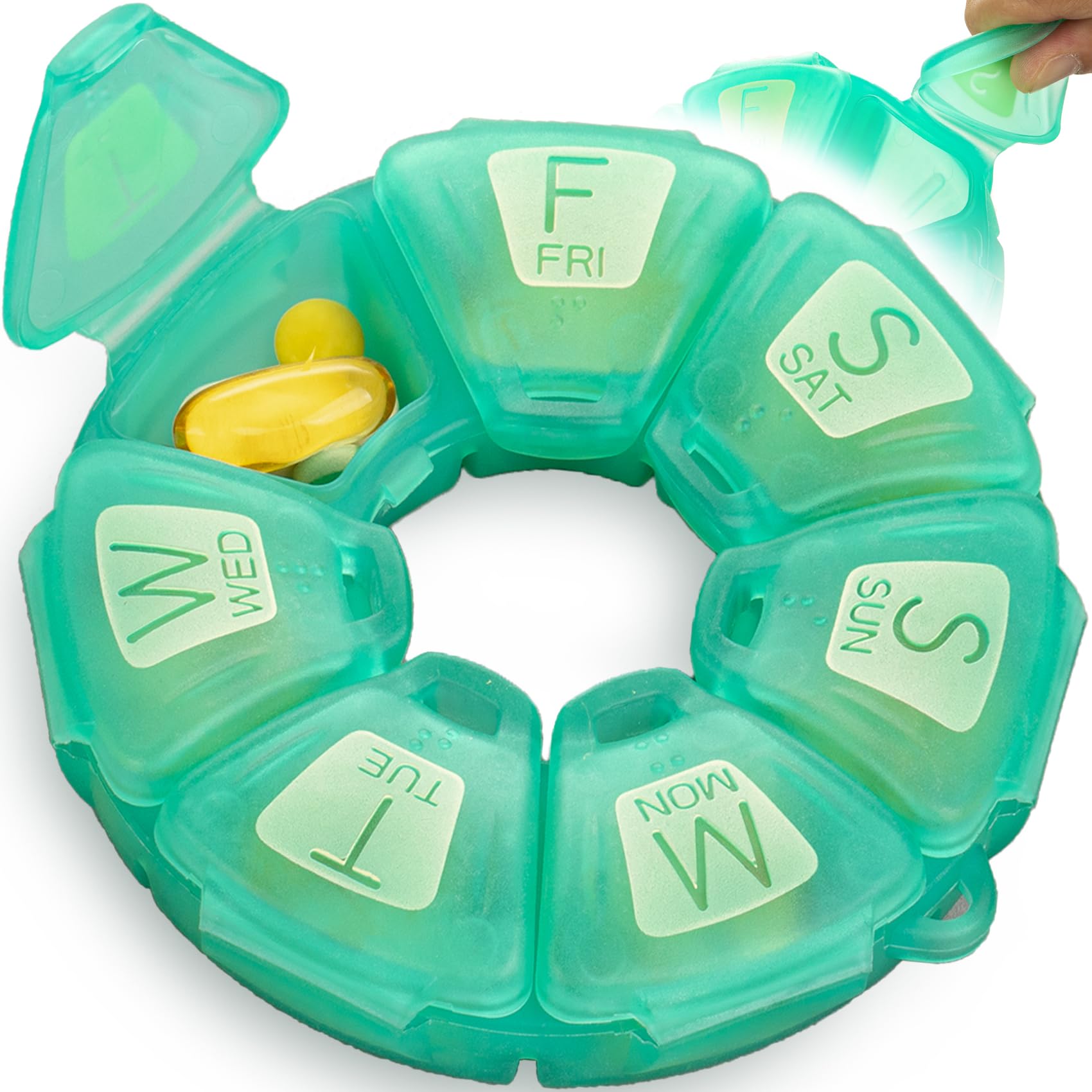 Photo 1 of Round Weekly Pill Organizer, TPU Rubberized, Travel Pill Container 7 Day, with 7 Large Compartments, Great for Daily Vitamins & Supplements, Cute Pill Case with Large Letters and Braille (Green)