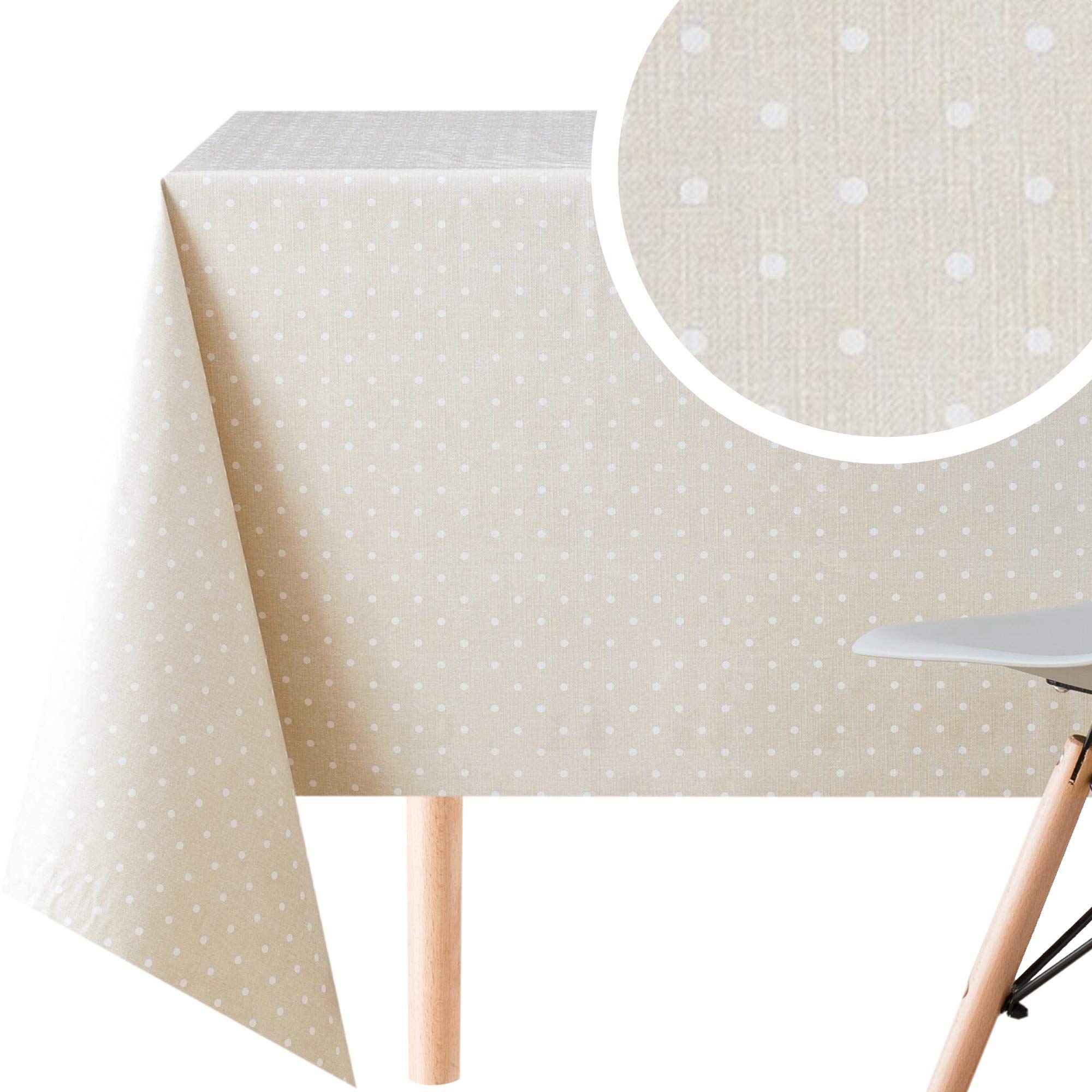 KP HOME Premium Wipe Clean Tablecloth - Polka Dot Waterproof PVC Table Cloth - Rectangular 300 x 140 cm Plastic Table Cover - Wipeable Vinyl Oilcloth for Kitchen, Dining & Outdoor - Beige Cream