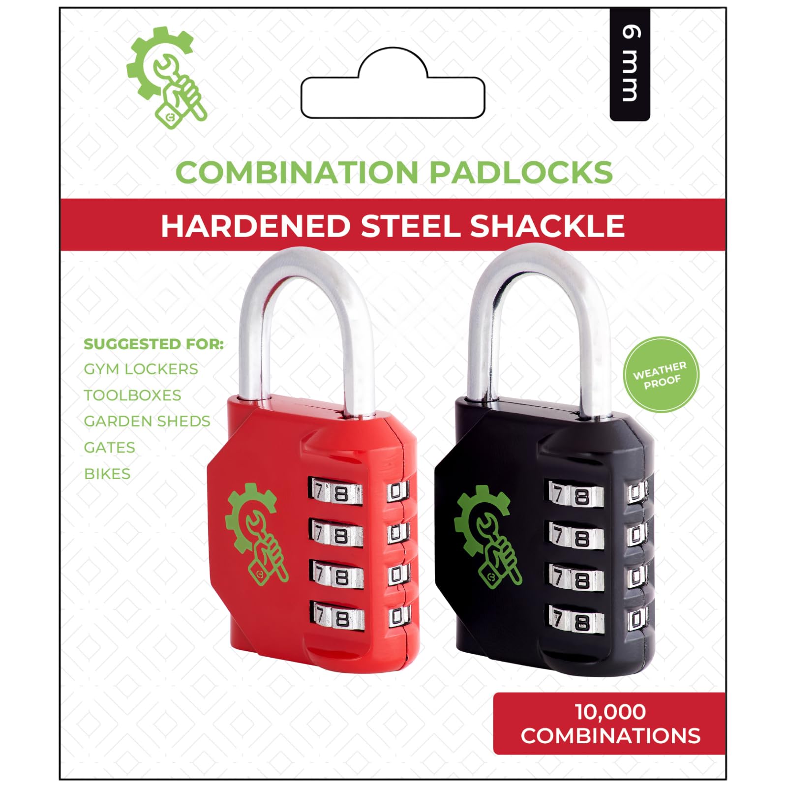 Spanner In the Works® | Padlocks with Code | 4 Digit Weatherproof Combination Padlock Outdoor | Gym Locker Padlocks (Pack of Two, Red and Black Coded Number Locks)