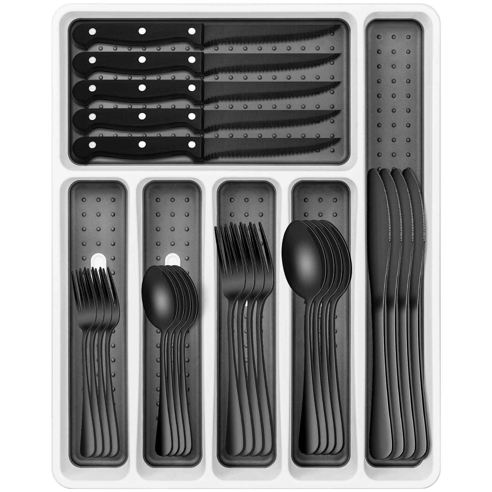 Photo 1 of Black Silverware Set, Umite Chef 49-Piece Flatware Set with Drawer Organizer, Durable Stainless Steel Cutlery Set for 8, Tableware Eating Utensils with Steak Knives for Home Restaurant